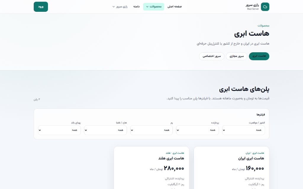 RaziServer cloud hosting catalog