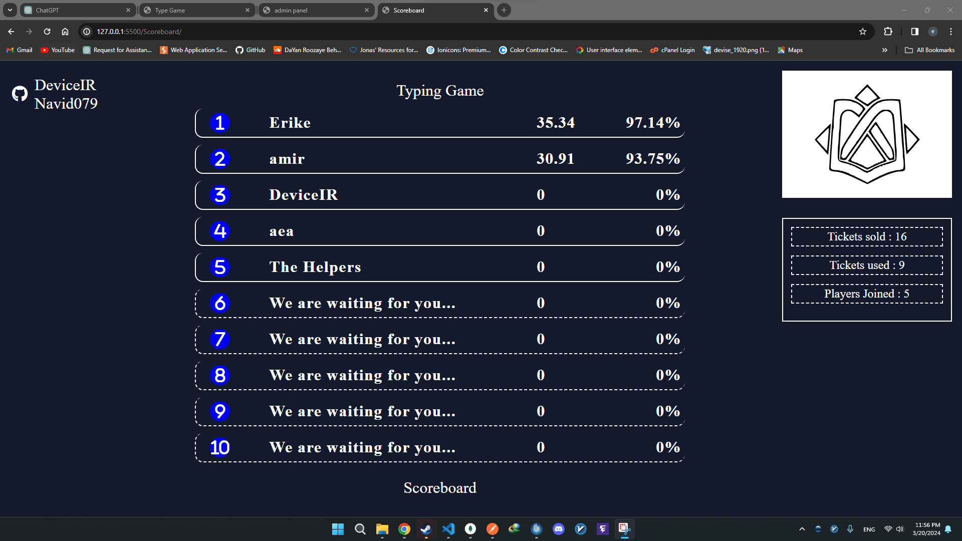 Typing Competition scoreboard
